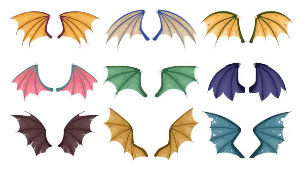 Vector illustration of Cartoon dragon wings. Fantasy dragon flying wings, fairy reptile animal wings flat vector illustration set. Flying dragons pair of wings