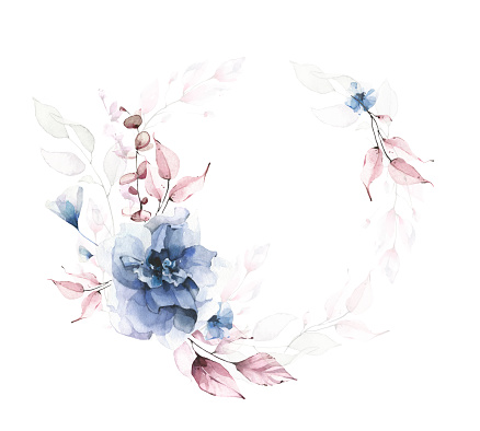 istock Arrangement round frame with blue, pink branches, leaves, flowers. Watercolor painted floral art. 1487320030