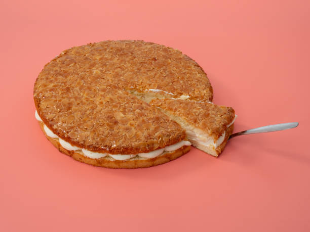 istock Bee sting cake, light cake with cream filling, with crispy almonds. 1487320802
