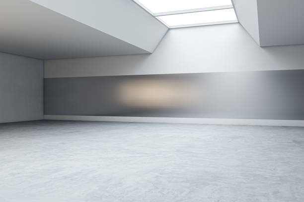 istock Clean exhibition hall interior with mock up place and concrete flooring. 3D Rendering. 1487323730