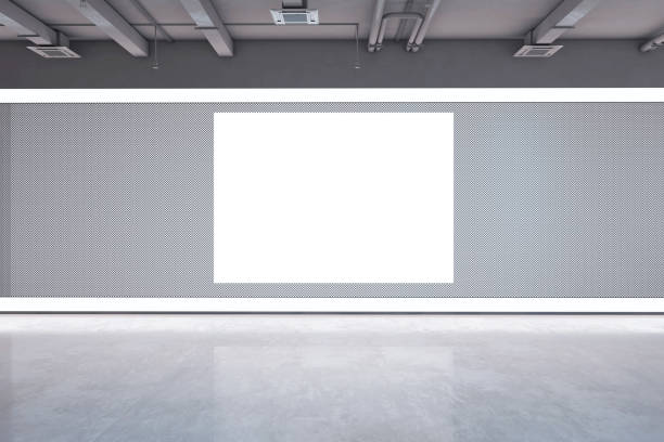 istock Modern dark grunge concrete exhibition hall interior with blank white mock up frame on wall. 3D Rendering. 1487323745