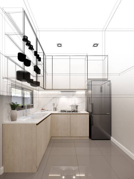 istock abstract sketch design of kitchen room ,3d rendering 1487327132