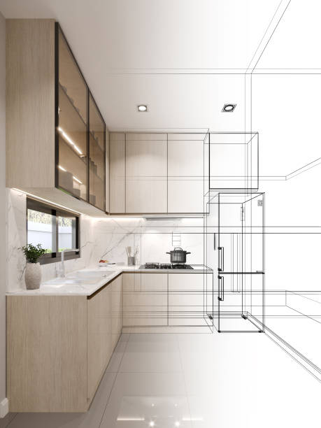 abstract sketch design of kitchen room ,3d rendering