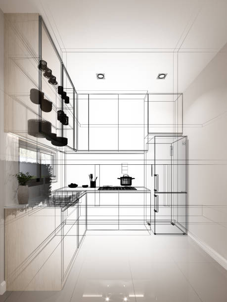 istock abstract sketch design of kitchen room ,3d rendering 1487327148