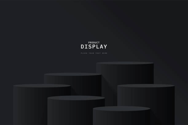 istock Empty black room with set of six steps 3D cylinder podium pedestal or product display stand. 3D vector geometric platform design. Minimal wall scene for mockup. stage for product presentation. 1487327423