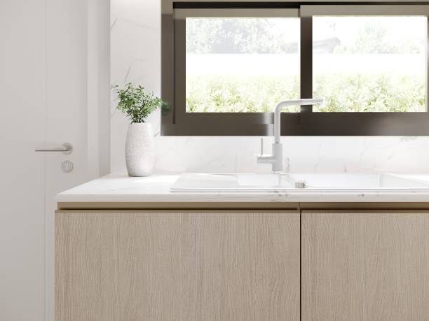 istock 3D rendering  close up  of counter kitchen  with sink and tap 1487328487