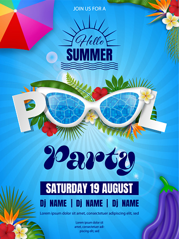 pool party poster. hello summer background with sunglasses and inflatables vector