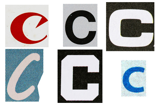 Letter c magazine cut out font, ransom letter, isolated collage elements for text alphabet, ransom note, hand made and cut from Old newspaper magazine cutouts, high quality scan.