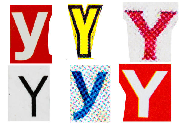 Letter y magazine cut out font, ransom letter, isolated collage elements for text alphabet, ransom note, hand made and cut from Old newspaper magazine cutouts, high quality scan.