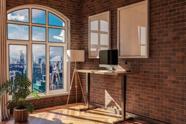 istock modern standing desk pc workplace in daylight downtown skyline office; home decoration desing and home office concept; 3D Illustration 1487329816
