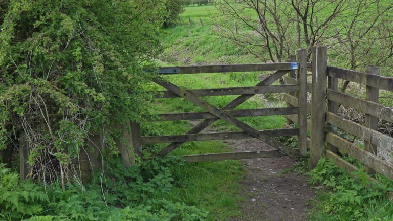 Closed wooden gate to a footpath