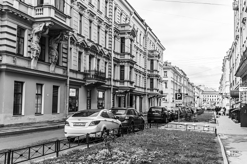 Saint Petersburg, Russia - September 18, 2022: People walk along the street in St. Petersburg, Russia.
