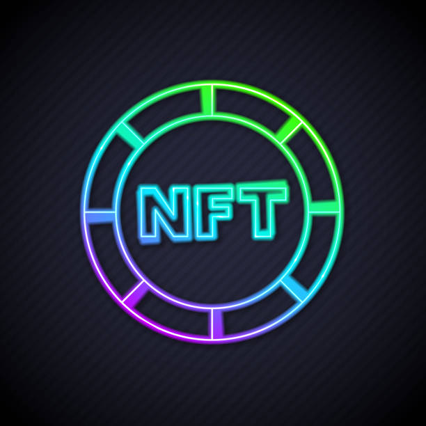 istock Glowing neon line NFT Digital crypto art icon isolated on black background. Non fungible token. Vector 1487331044