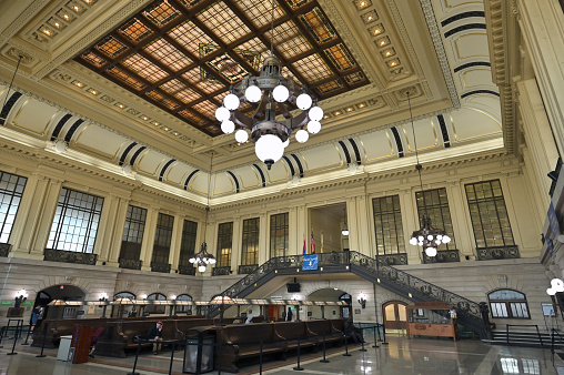 Hoboken, USA - February 15, 2023: inside view of the waiting room of the historic Hoboken Terminal, Hoboken, New Jersey, United States