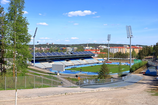 May 25 2022 - Lahti in Finland: The Lahti Soccer stadium, prepared for an athletics competition