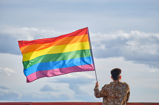non-binary young asian person from the back in a leopard print shirt holding a rainbow gay pride flag blowing in the wind with clouds in the background