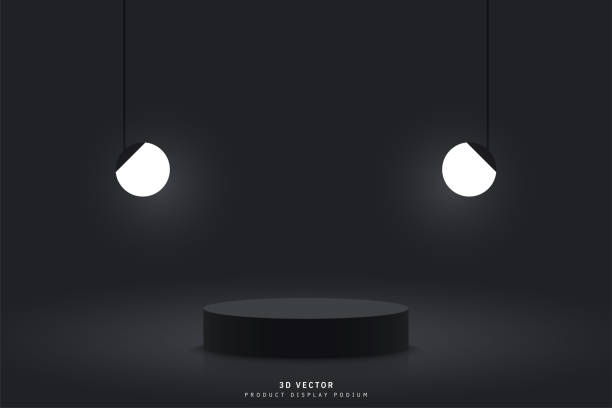 istock Minimal scene with black 3d cylinder podium or round stage for show product realistic and sphere light bulb hanging. Empty black color scene. 3d vector rendering design. clean 3d studio room. 1487333843