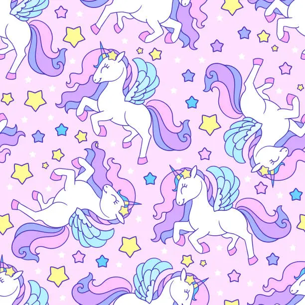 Vector illustration of Seamless pattern with unicorns and stars. Vector