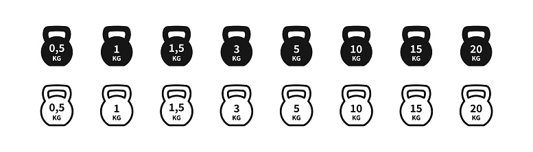 Kg weight icon. Heavy dumbbell symbol. Sports signs. Measure symbols. 0,5, 1, 1,5, 3, 5, 10, 15, 20 kilogram icons. Black color. Vector isolated sign.