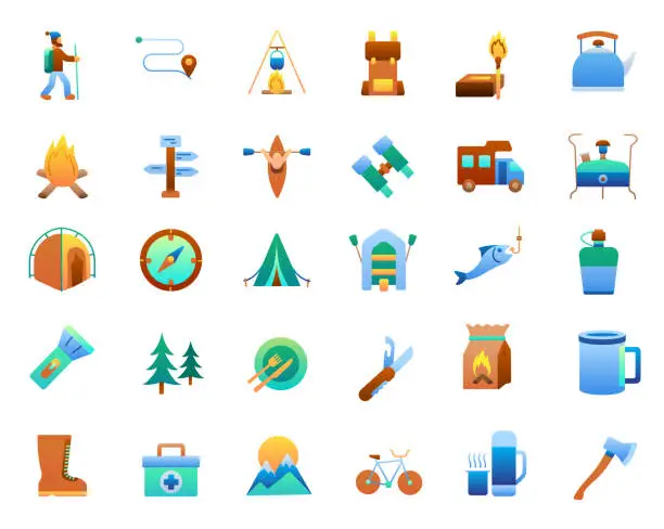 Vector illustration of Travel and Camping Flat Gradient Icons Set