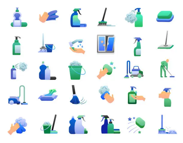 Vector illustration of Cleaning Flat Gradient Icons Set