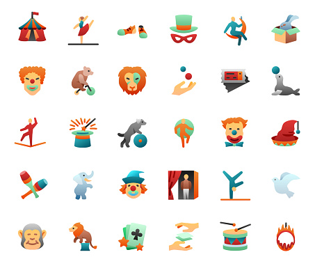 Circus icons set. Flat gradient style. Vector illustration.