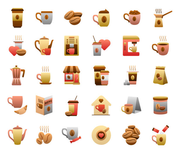 ilustrações de stock, clip art, desenhos animados e ícones de coffee flat gradient icon set - coffee cup bean sugar