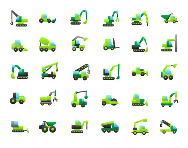 Vector illustration of Construction Machinery, Construction Equipment Flat Gradient Icons Set