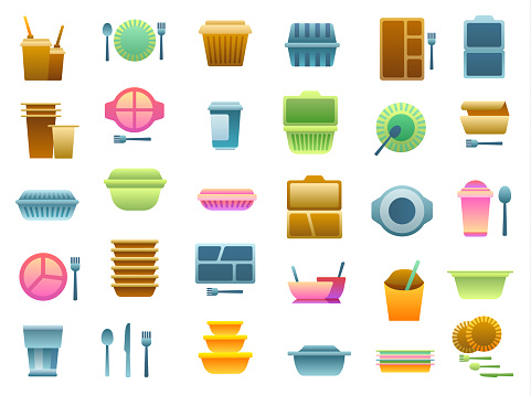 Disposable tableware icons set. Flat gradient style. Vector illustration.