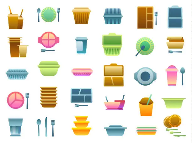 Vector illustration of Disposable Tableware Flat Gradient Icons Set