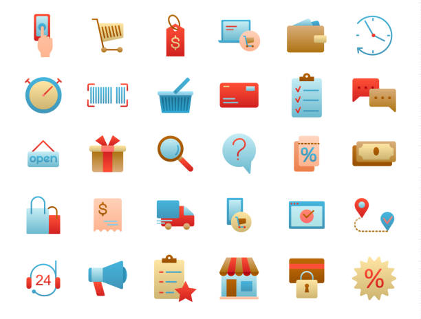 ilustrações de stock, clip art, desenhos animados e ícones de electronic commerce flat gradient icons set - comerce