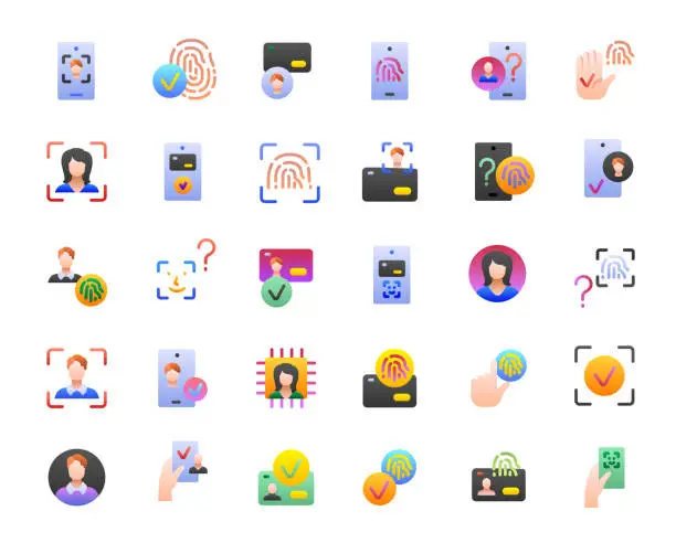 Vector illustration of Face ID, Biometric Identification, Touch ID Flat Gradient Icons Set