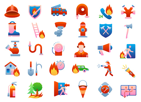 Fireman, firefighter icons set. Flat gradient style. Vector illustration.