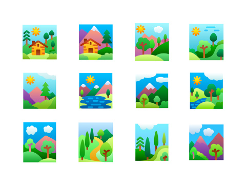 Landscape icons set. Flat gradient style. Vector illustrations.