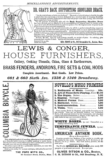A page of Victorian era advertisements for various merchandise and services. Vintage etching circa 19th century.
