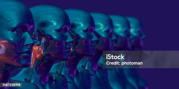 istock Cybernetic face of AI android robot, side view 1487338198