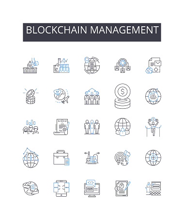 Blockchain management outline icons collection. Fabric, Sewing, Patterns, Design, Needlework, Fashion, Fit vector and illustration concept set. Tailoring,Stitching linear signs and symbols