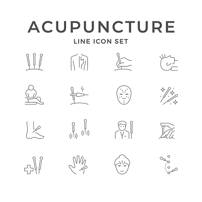 Set line icons of acupuncture isolated on white. Points scheme, acupuncturist, electricity stimulation, alternative therapy, medical needles, chinese traditional medicine. Vector illustration