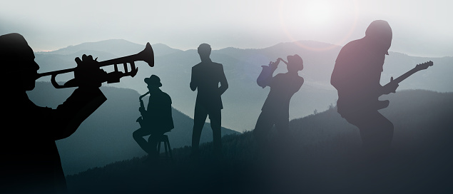 Silhouette people of band musicians in the mountains background. Idea, jazz band. cover, musical arts, illustrations, advertising. copy space, banner, website-3d Rendering