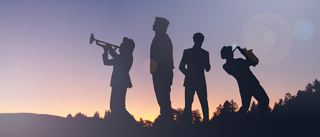 Silhouettes people of jazz musicians standing on a hill with instruments against the backdrop of meadows and sunsets. illustrations, copy space, banner, website -3d Rendering