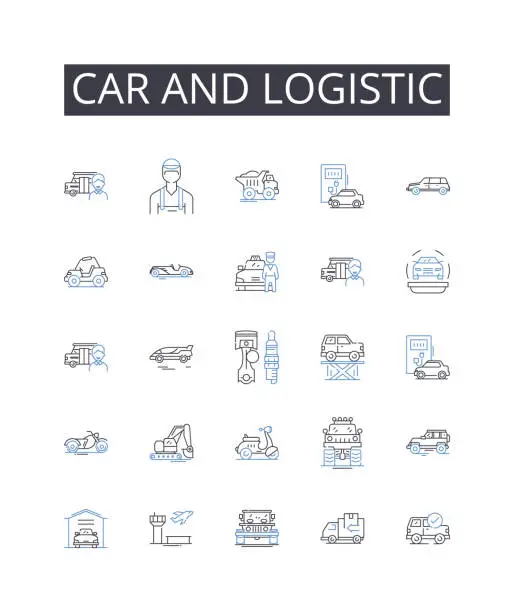 Vector illustration of Car and logistic line icons collection. Megastore, Outlets, Warehouse, Convenience, Retail, Supermarket, Shopping vector and linear illustration. Selection,Recreation,Amusement outline signs set