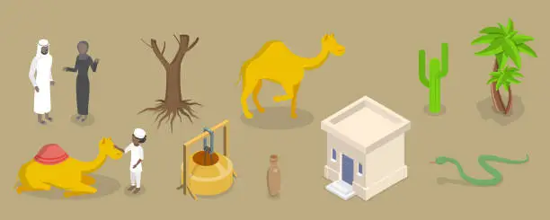 Vector illustration of 3D Isometric Flat Vector Set of Desert Elements