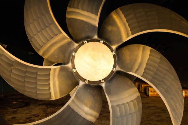 New ship's seven blade bronze propeller, close up.