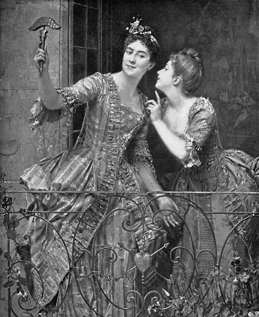 The Lark Mirror or Two Elegant Ladies on the Balcony, painting by Emile Villa (circa 19th century). Vintage etching circa 19th century. A lark mirror is a spinning device similar to a toy whirligig, pulled and spun with a string. Little pieces of mirror attached to the top, reflecting light and used to distract birds for capture.