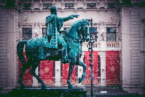 Statue of Prince Mihailo on a horse, Trg Republike.
Belgrade, Serbia - January   22, 2019.