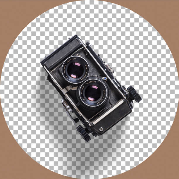 istock Close up view vintage analog camera isolated on transparent. 1487344447