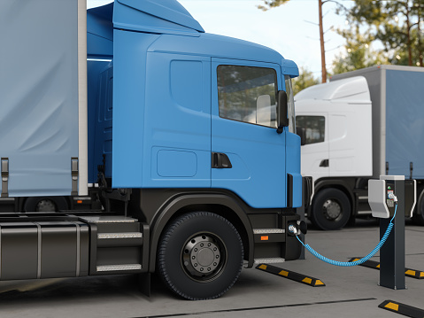 Close-up View Of Charging Electric Truck At Charging Station. 3D Rendering