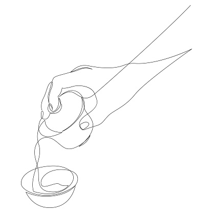 Chinese tea serving continuous one line drawing, pouring from gaiwan in tasting cup. Vector illustration