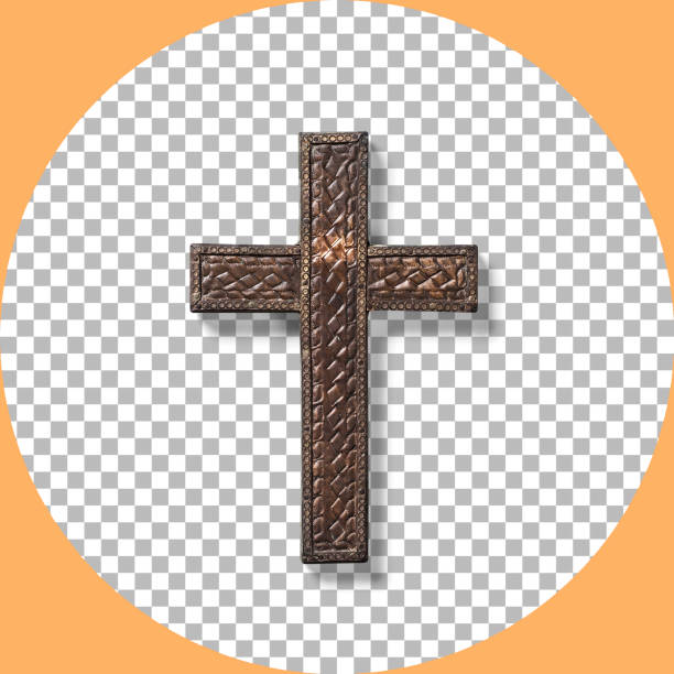 Close up view old rustic bronze holy cross isolated on transparent.