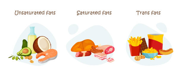 насыщенные, ненасыщенные и транс-жиры. - unhealthy eating stock illustrations